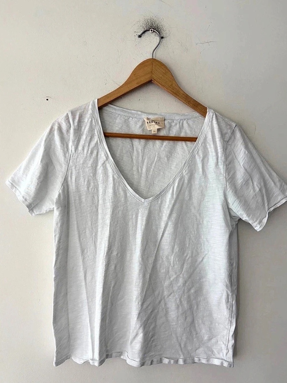 Sezane Malcolm Organic Cotton V-Neck White T-Shirt Top Size XL